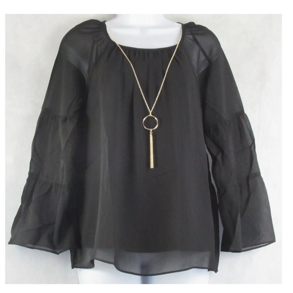 JM Collection Women's Tier-Sleeve Top, Deep Black, PS / Petite Small